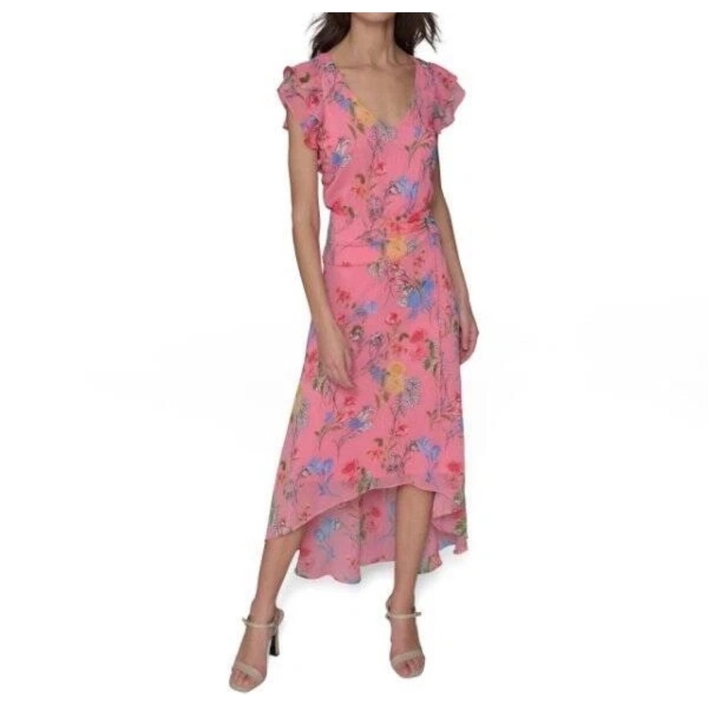 Karl Lagerfeld Paris Pink Floral High-Low Midi Dress Ruffle Sleeve Size 8 NEW